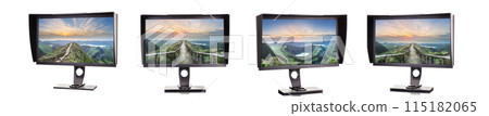 Professional monitor with shading hood and calibrator isolated on white 115182065