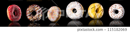 Set of chocolate donut isolated on a black background with reflection Set of chocolate donut isolated on a black background with reflection 115182069