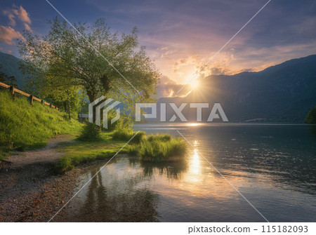 Green tree and grass, lake in alpine mountains at colorful sunset Green tree and grass, lake in alpine mountains at colorful sunset 115182093