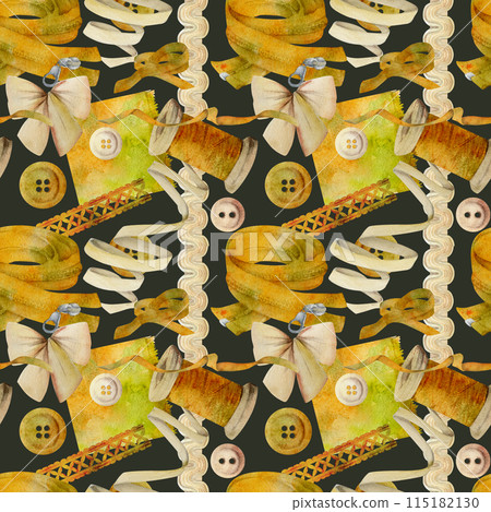 Hand drawn watercolor illustration sewing craft supplies. Fabric pieces, thread ribbon bobbins, bow tie buttons lace. Seamless pattern isolated on dark background. Design atelier, tailor, hobby shop 115182130
