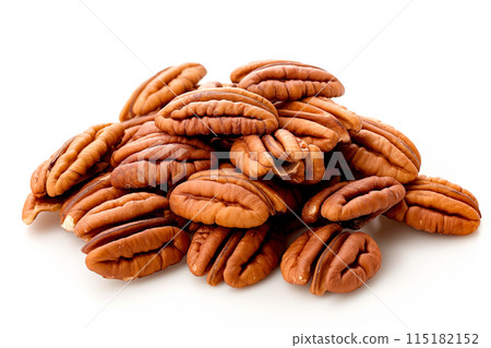 Close-up of shelled and unshelled Pecan nuts isolated on a white background, showcasing their texture 115182152