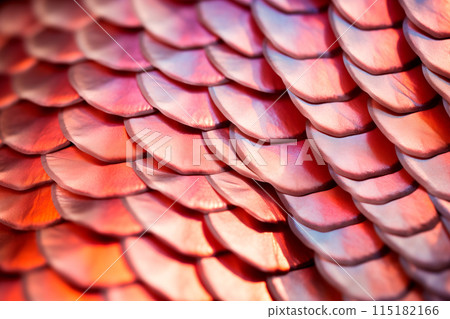Close-up of vibrant pink and orange scales creating an abstract and textured pattern. 115182166