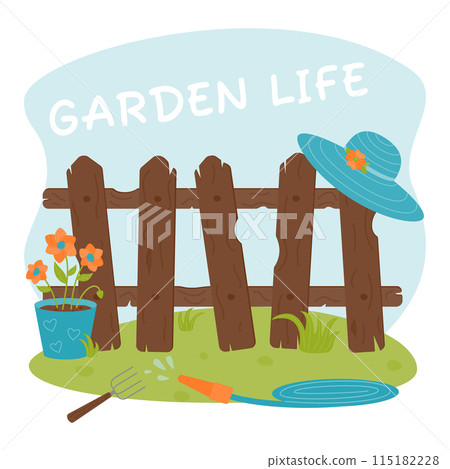 A composition of a garden hose, a flower pot, a fence, a hat, a rake. Agricultural tools. Garden life. Vector illustration on a background of sky and grass. A composition of a garden hose, a flower pot, a fence, a hat, a rake. Agricultural tools. Garden life. Vector illustration on a background of sky and grass. 115182228