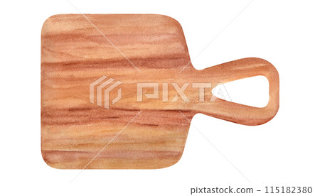 Wooden cutting board with smooth edges for cutting food. Handle with hook hole. Eco friendly crafted food utensil. Chopping board with wood light brown texture. Top view. Watercolor illustration 115182380