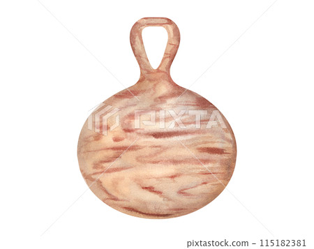 Oval wooden board for cutting food. Handle with hook hole. Crafted unusual food utensil. Chopping board with brown texture. Top view. Watercolor illustration for decor, as template 115182381