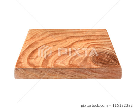 Rectangular surface of brown wooden tray. Hardwood plank with natural texture. Perspective view. Serving oak board. Watercolor illustration. Wooden element for serving food, interior design. 115182382