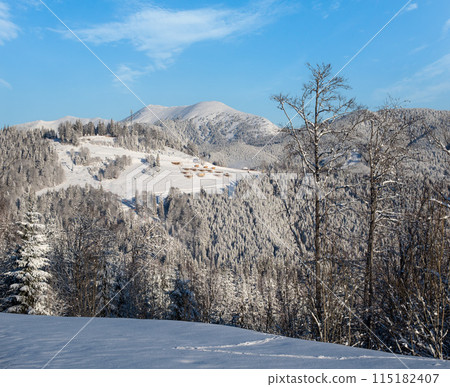 Winter Gorgany massiv mountains scenery view from Yablunytsia pass, Carpathians, Ukraine. 115182407