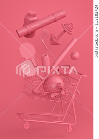 Sport equipment for fitness, gym in shopping cart on monochrome Sport equipment for fitness, gym in shopping cart on monochrome 115182424
