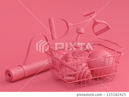 Sport equipment for fitness, gym in shopping basket on monochrome Sport equipment for fitness, gym in shopping basket on monochrome 115182425