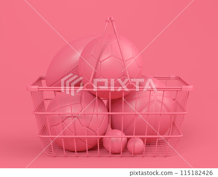 Set of ball like basketball, football and golf in shopping basket on monochrome Set of ball like basketball, football and golf in shopping basket on monochrome 115182426