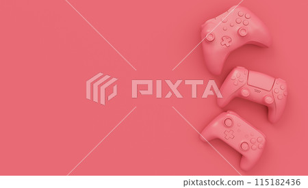 Video game joysticks or gamepads in plain monochrome pink color background 115182436
