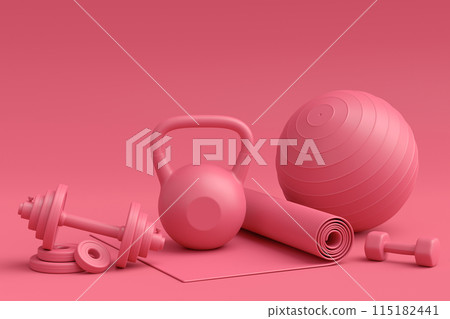 Isometric view of sport equipment like kettlebell, fitness ball and yoga mat Isometric view of sport equipment like kettlebell, fitness ball and yoga mat 115182441