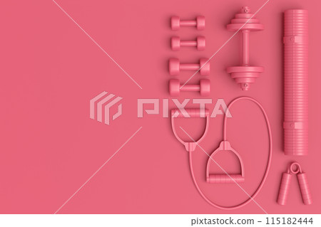 Isometric view of sport equipment like kettlebell, dumbbell and smart watches 115182444