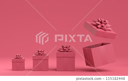 Gift boxes with ribbon and bow for Christmas flying and falling on monochrome Gift boxes with ribbon and bow for Christmas flying and falling on monochrome 115182448