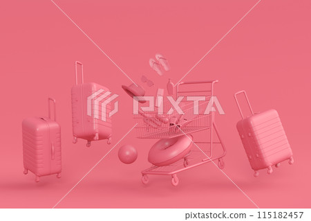 Colorful beach accessories and shopping trolley on monochrome background. 115182457