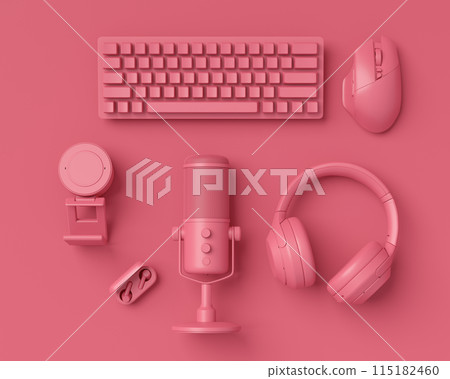 Modern home office setup featuring keyboard, VR glasses and headphones Modern home office setup featuring keyboard, VR glasses and headphones 115182460