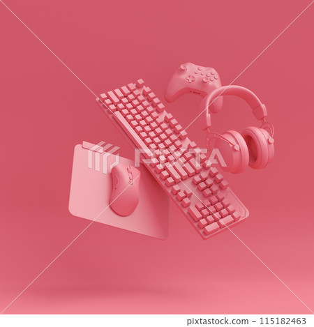 Modern home office setup featuring keyboard, gaming controllers and headphones Modern home office setup featuring keyboard, gaming controllers and headphones 115182463