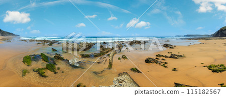 Rock formations on sandy beach (Portugal). Rock formations on sandy beach (Portugal). 115182567