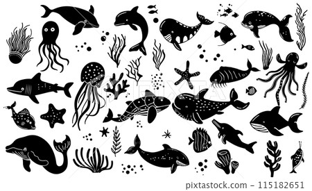 Vector black and white hand-drawn set sea creatures illustration. Underwater animal graphic art and collection sketch silhouette icon wildlife marine Vector black and white hand-drawn set sea creatures illustration. Underwater animal graphic art and collection sketch silhouette icon wildlife marine 115182651