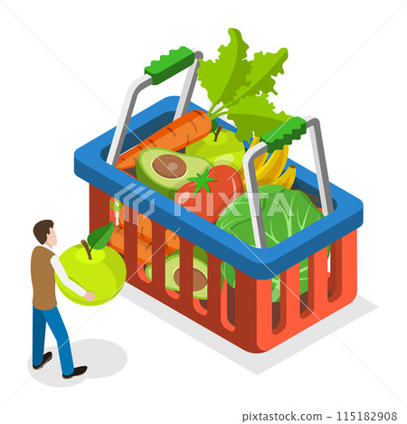 3D Isometric Flat Illustration of Vegetables Buying, Shopping Scene Set. Item 2 115182908