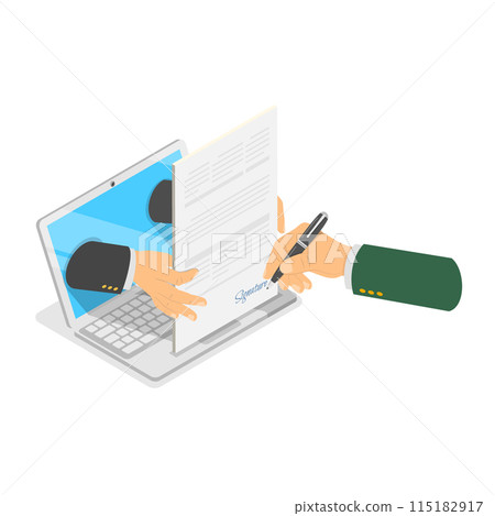 3D Isometric Flat Illustration of Digital Contract Set, Electronic Secure Signature. Item 2 115182917