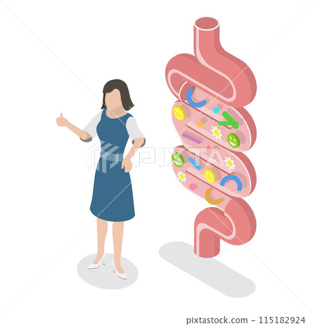 3D Isometric Flat Illustration of Good And Bad Gut Bacterias, Gut Flora, Digestive Tract Microorganisms. Item 2 3D Isometric Flat Illustration of Good And Bad Gut Bacterias, Gut Flora, Digestive Tract Microorganisms. Item 2 115182924