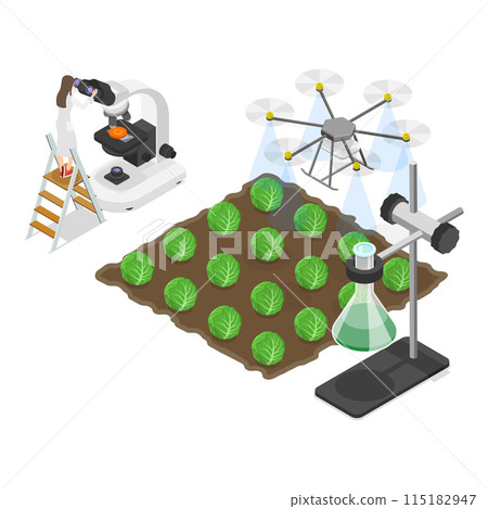3D Isometric Flat Illustration of Agricultural Research, Artificial Food Products. Item 3 115182947