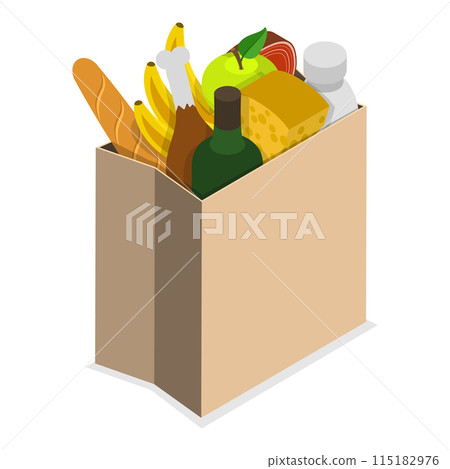 3D Isometric Flat Illustration of Shopping Bags, Different Grocery Sets. Item 6 3D Isometric Flat Illustration of Shopping Bags, Different Grocery Sets. Item 6 115182976