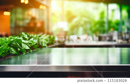 Empty metal table, blurred professional restaurant kitchen background with vegetable assortment, copy space, AI generated 115183026