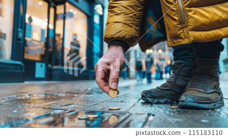 Hand picking up a coin from the street on a rainy day. Serendipitous urban moment. 115183110