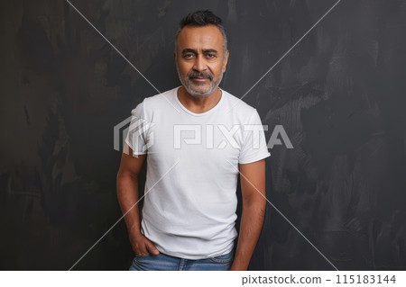 Confident man in white t-shirt and jeans against dark background. Casual fashion mockup. Confident man in white t-shirt and jeans against dark background. Casual fashion mockup. 115183144