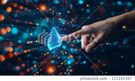 Hand Touching Digital Cloud Icon with Futuristic Interface. Representation of Cloud Computing and Data Interaction 115183167