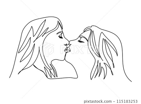 Two girls kiss. One line drawing vector illustration. Two girls kiss. One line drawing vector illustration. 115183253