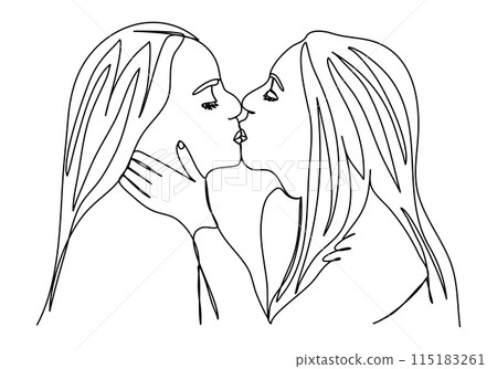 Two girls kiss. One line drawing vector illustration. 115183261