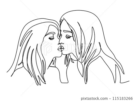 Two girls kiss. One line drawing vector illustration. Two girls kiss. One line drawing vector illustration. 115183266
