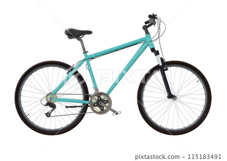 Blue teal bicycle, side view isolated on white background, 3D illustration Blue teal bicycle, side view isolated on white background, 3D illustration 115183491