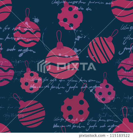 Christmas toys, balls retro seamless pattern doodle decoration. Illegible text Christmas toys, balls retro seamless pattern doodle decoration. Illegible text 115183522