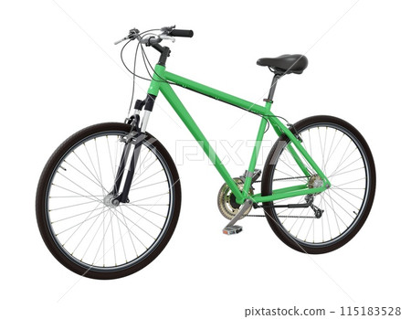 Green bicycle, side front view isolated on white background, 3D illustration Green bicycle, side front view isolated on white background, 3D illustration 115183528