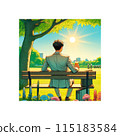 An office worker slacking off with a cup of coffee on a bench in a summer park 115183584