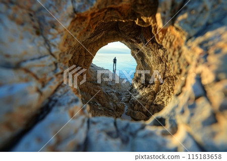 Person Standing by the Sea Viewed Through Cave 115183658