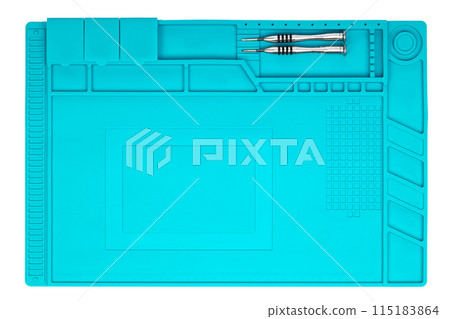 Blue Silicone Work Mat with Tools. Top view. Blue Silicone Work Mat with Tools. Top view. 115183864