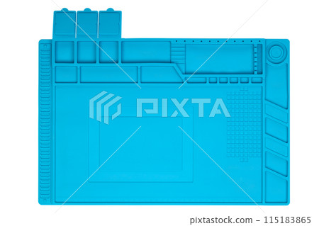 Empty Blue silicone work mat with compartments for tools and components. 115183865