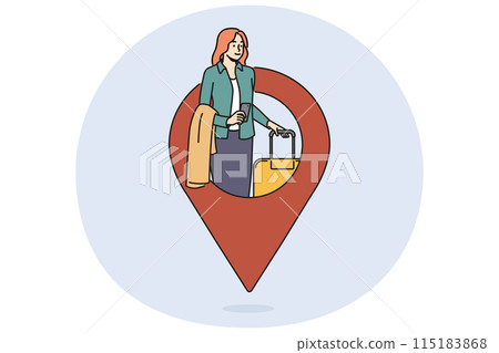 Traveling woman with suitcase near giant GPS pin for concept of navigation and logistics for tourism Traveling woman with suitcase near giant GPS pin for concept of navigation and logistics for tourism 115183868