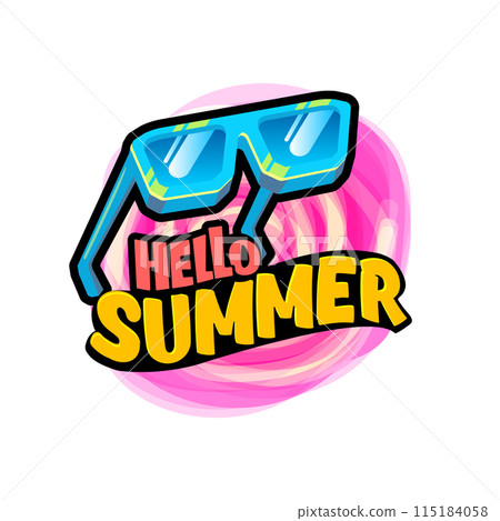 Groovy Hello summer vector logo with text and vintage retro blue sunglasses isolated on background. Hello summer pink label, icon, print, banner design template with cartoon sunglasses, summer vibe Groovy Hello summer vector logo with text and vintage retro blue sunglasses isolated on background. Hello summer pink label, icon, print, banner design template with cartoon sunglasses, summer vibe 115184058