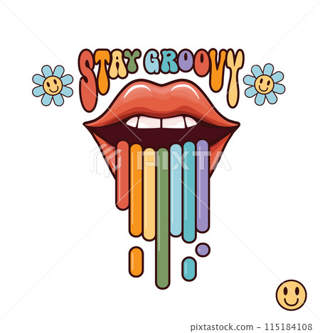 Groovy open mouth with rainbow. Groovy lips spews a rainbow from the mouth pop art style print, label, sticker design template. Woman lips and rainbow. Stay groovy slogan and quote print for t shirt 115184108