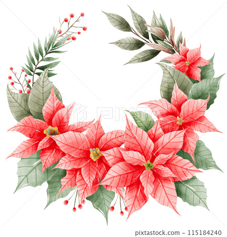 Watercolor Hand drawn illustration Christmas compositions with poinsettia flowers wreath for holiday invitation, card design clipart print new year decor for print, label, invitation design Watercolor Hand drawn illustration Christmas compositions with poinsettia flowers wreath for holiday invitation, card design clipart print new year decor for print, label, invitation design 115184240
