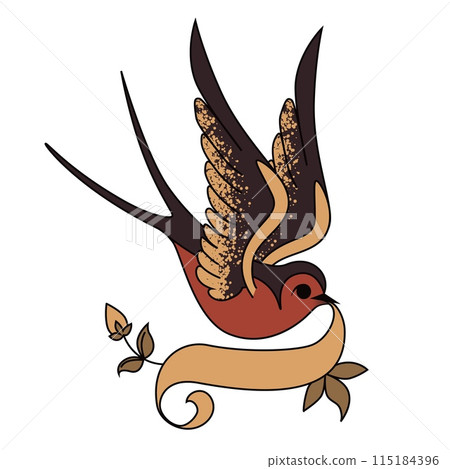Swallow with a blanc ribbon. Old School Tattoo-art design. New traditional tattoo style. Hand-drawn vector images. Vintage colors. Swallow with a blanc ribbon. Old School Tattoo-art design. New traditional tattoo style. Hand-drawn vector images. Vintage colors. 115184396