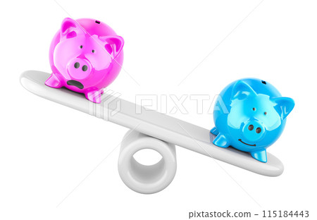 Blue and pink piggy banks on imbalance seesaw. Gender pay gap, concept. 3D rendering Blue and pink piggy banks on imbalance seesaw. Gender pay gap, concept. 3D rendering 115184443