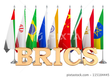 BRICS summit flags with all new members BRICS. 3D rendering 115184445