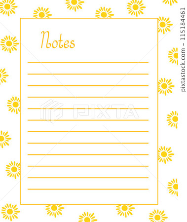 Notes blank lined page template with yellow suns summer holidays seasonal decoration, simple hand drawn vector illustration for bullet journal, rectangular frame printable personal diary 115184461